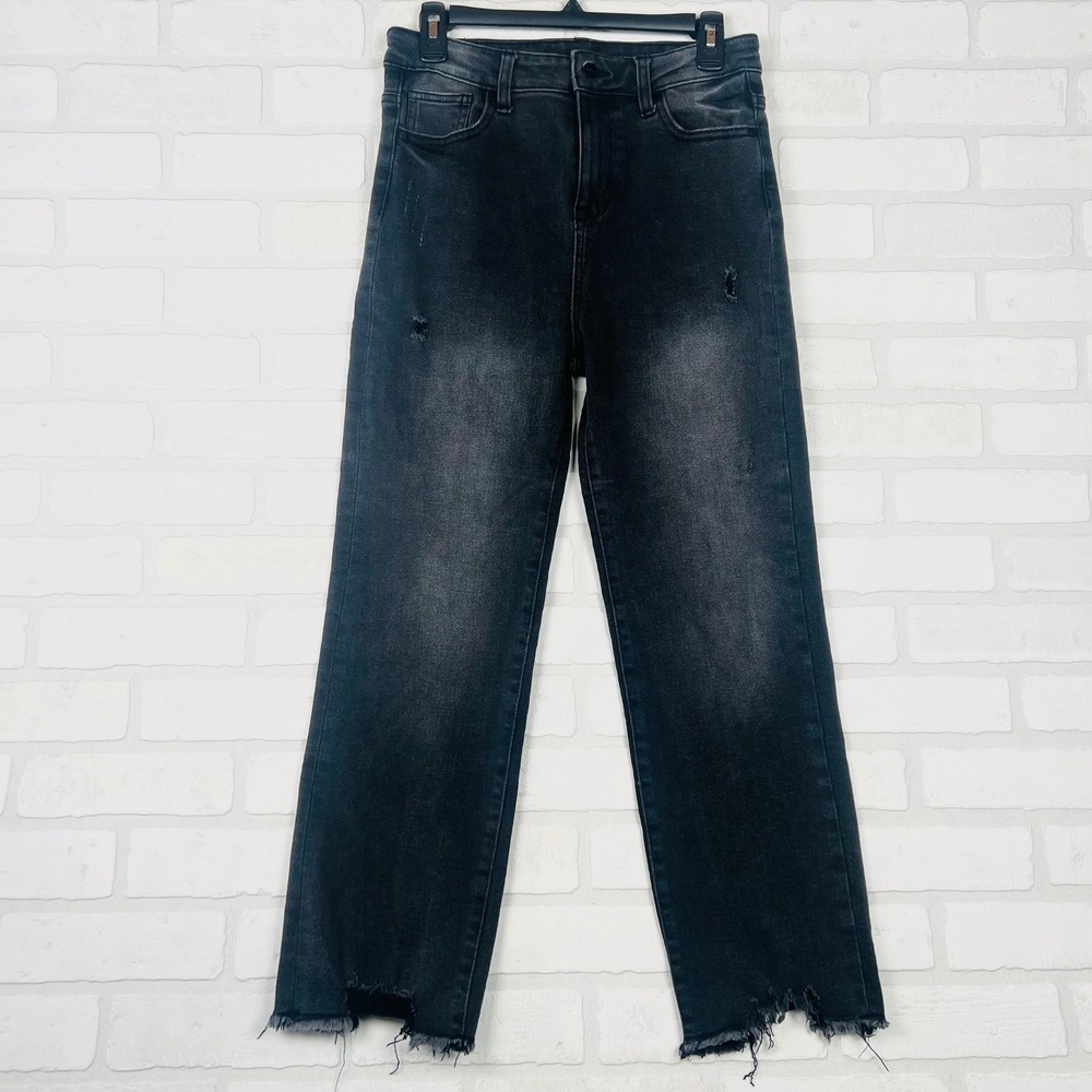 Kendall + Kylie ICON High Rise Straight Leg Distressed Hem Black Wash Jeans 9/29